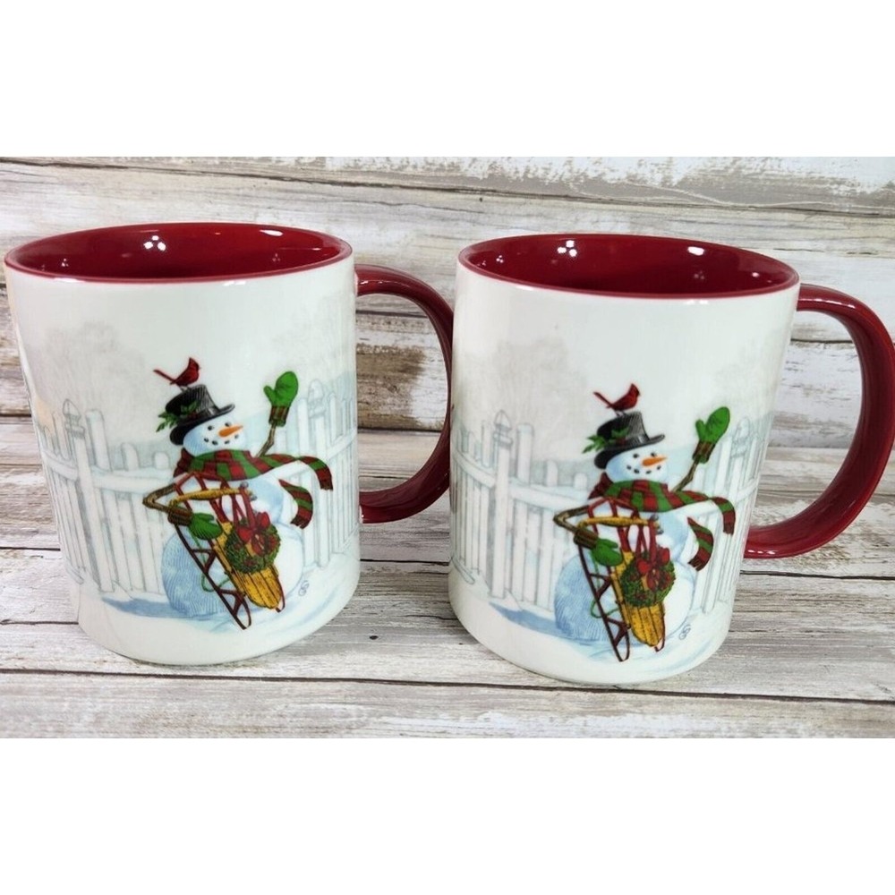 HALLMARK CHRISTMAS IN EVERGREEN SNOWMAN 16 OZ. COFFEE MUG CUP set‎ of 2